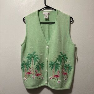 Mandal Bay Green Knit Vest Women’s Button Front Size Large‎ Tree Flamingo New
